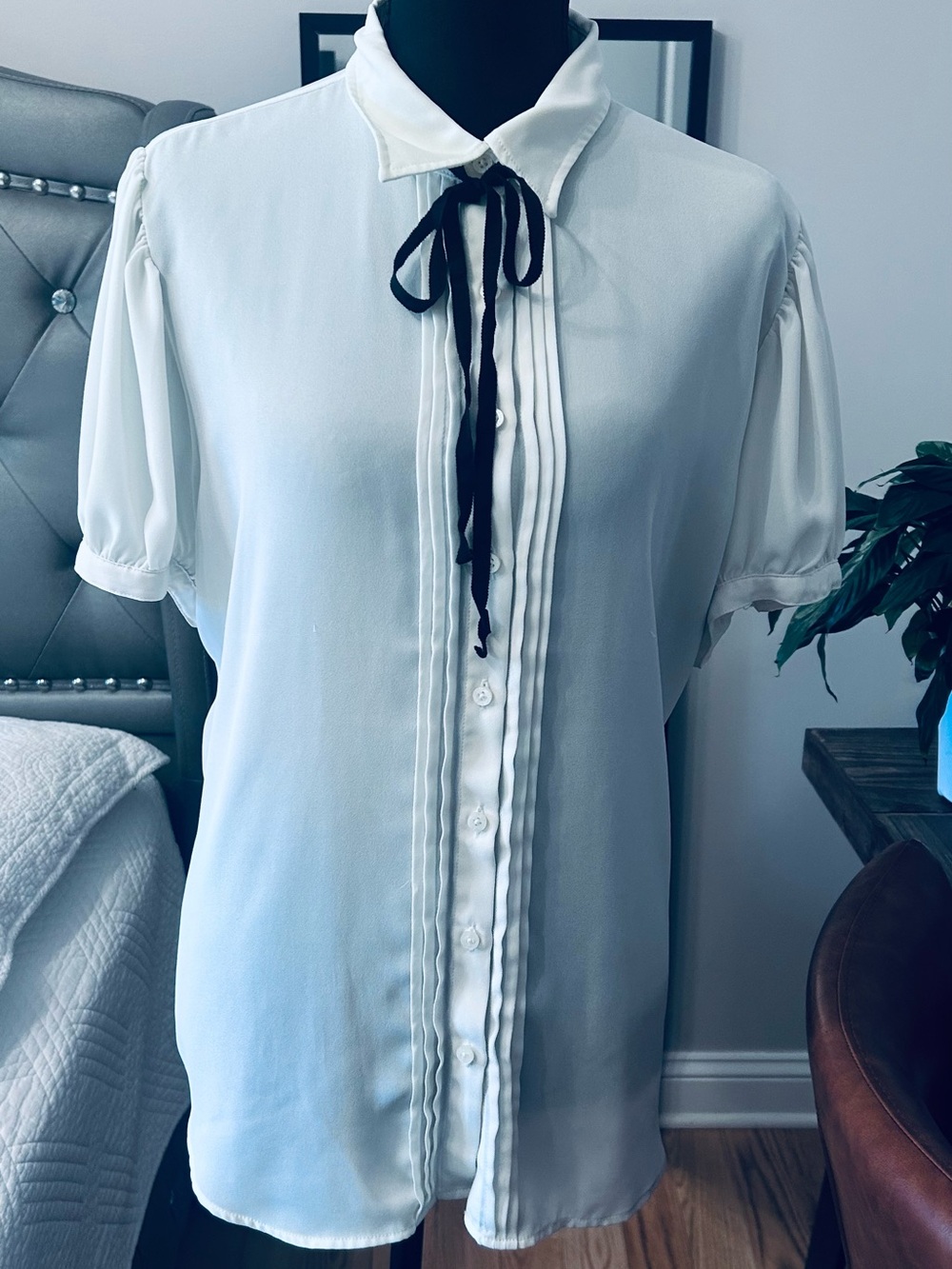 Polo by Ralph Lauren White Blouse with Black Ribbon Tie